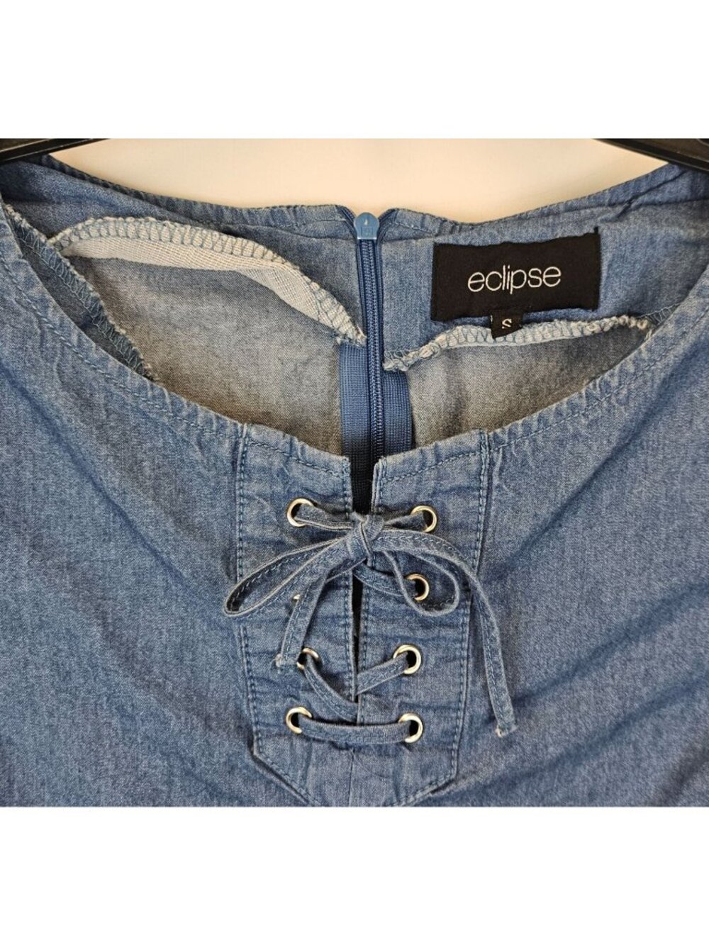 Eclipse S Denim Mini Dress 100% Cotton Blue Shift Pockets Indie Western Y2k - Picture 7 of 15